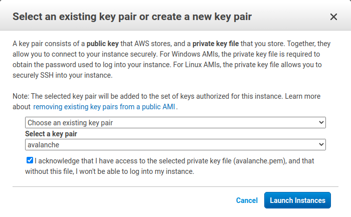 Use the key pair created earlier.